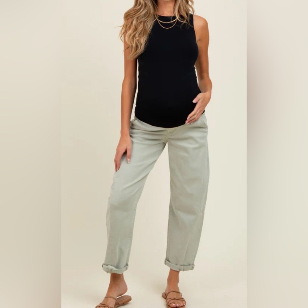 Light Olive Rolled Cuff Barrel Leg Maternity Jeans